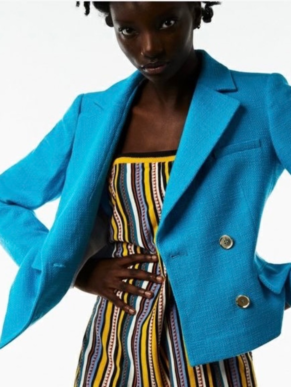 ZARA Teal Textured Double-Breasted Blazer